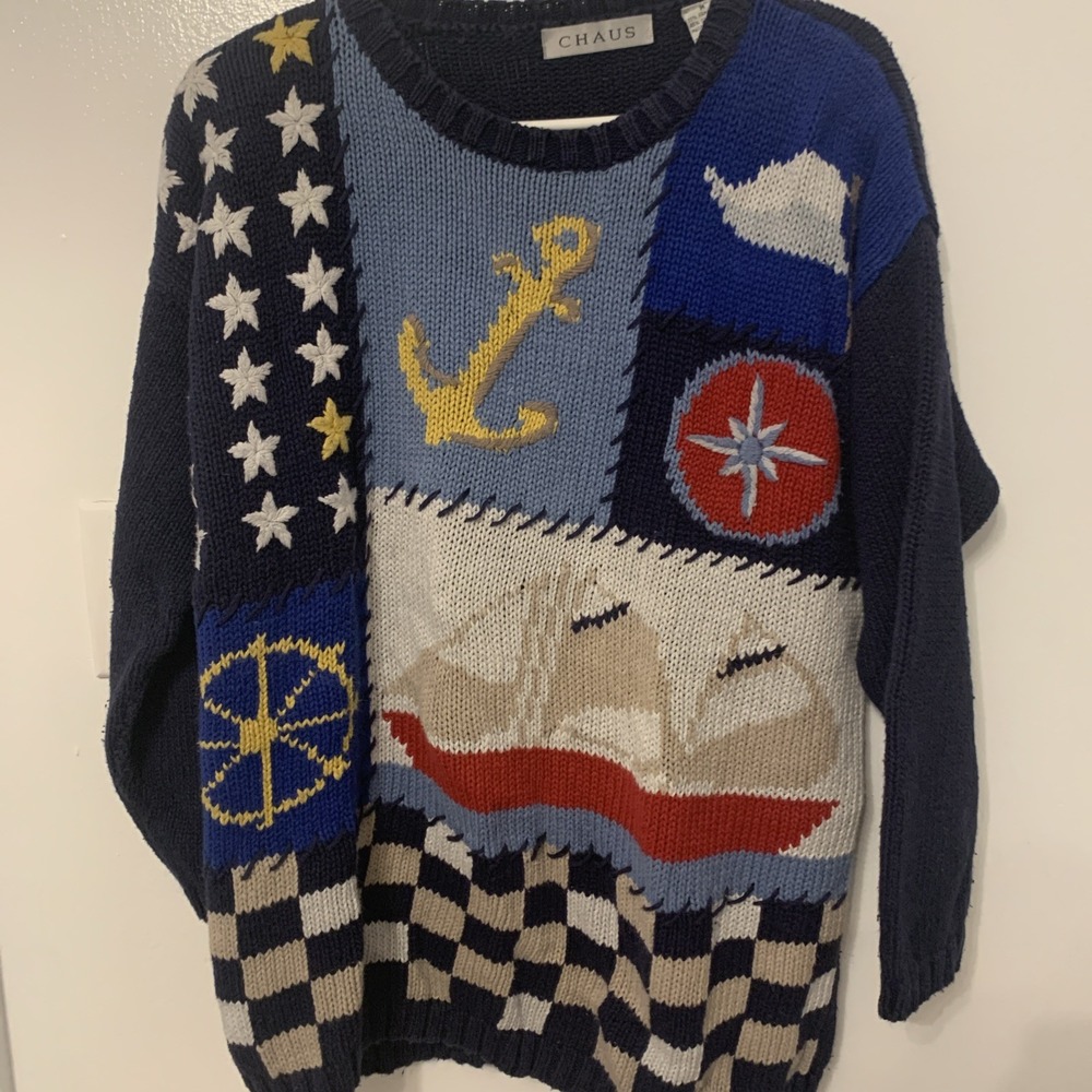 Chaus Vintage Nautical Patchwork Sweater M Blue White Red Pullover Maritime